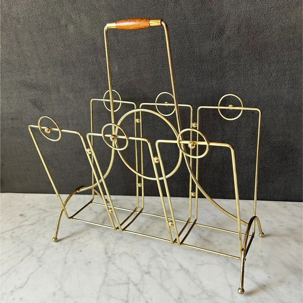 Mid Century Modern Brass Magazine Rack Wood Handle Atomic Geometric Vintage